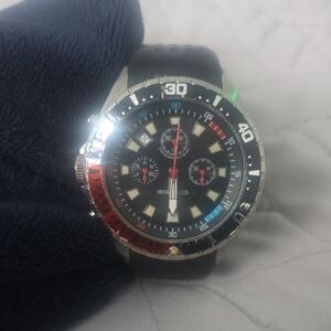 Diver Style Chronograph Watch - Black Dial with Red & Blue Accents